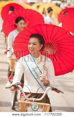 Pretty Woman In Parade,Umbrella Festival In Thailand.
