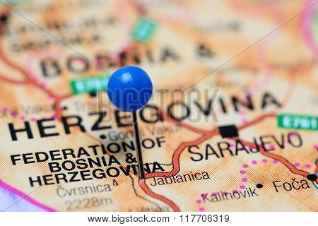Jablanica pinned on a map of Bosnia and Herzegovina