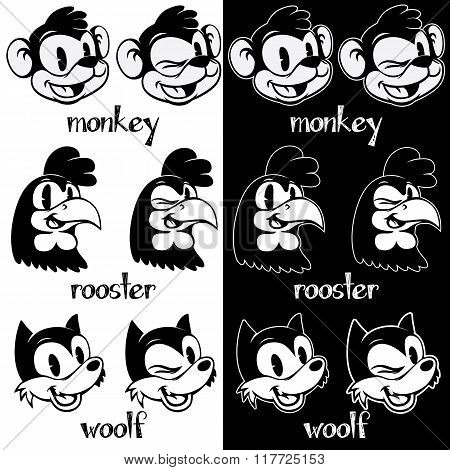 Vintage cartoon. Retro cartoon monkey, rooster, woolf characters.