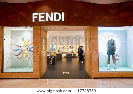 HONG KONG - JANUARY 26, 2016: design of Fendi store at Elements Shopping Mall. Fendi is an Italian luxury fashion house.