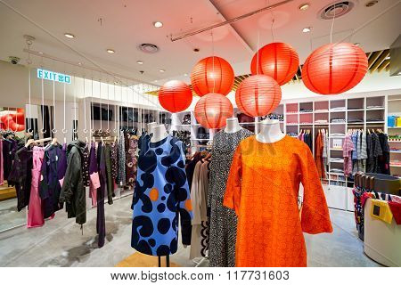HONG KONG - JANUARY 26, 2016: interior of Marimekko store. Marimekko is a Finnish company based in Helsinki that has made important contributions to fashion, especially in the 1960s