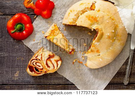 Italian Focaccia Bread With Paprika Lucan, Top View