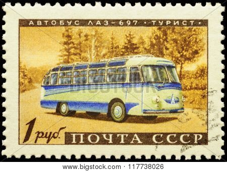 Old Russian Bus Laz-697 Tourist On Postage Stamp