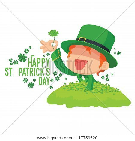 Leprechaun Found a Four-Leaf Clover for St. Patrick's Day Card