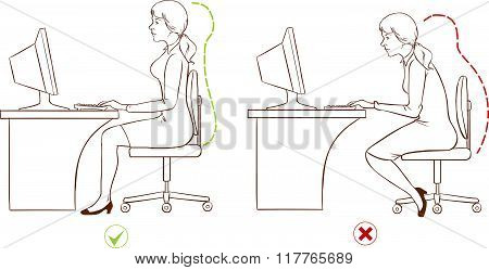 Girl Sitting At An Ergonomically Correct Computer Station.(black And White)