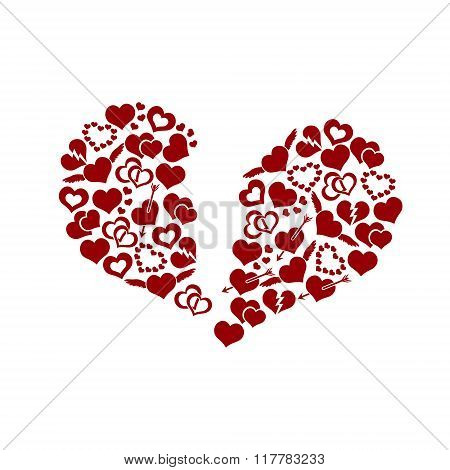 Red Valentine Broken Hearth Love Symbols In Big Hearth Shape Eps10