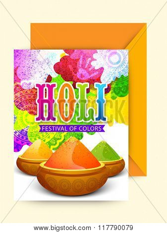Colourful floral design decorated greeting card with envelope for Indian Festival of Colours, Happy Holi celebration.