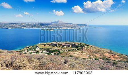 View on sea bay and old venitian fortress in Aptera on Crete island, Grecee