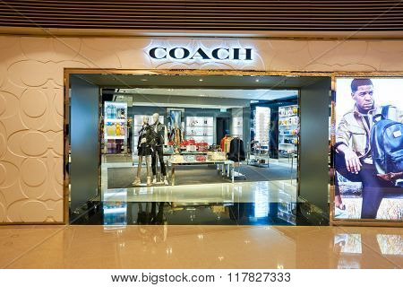 HONG KONG - JANUARY 27, 2016: inside of Coach store at Elements Shopping Mall. Coach, Inc. is an American luxury fashion company based in New York City