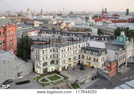 RUSSIA, MOSCOW - 30 JUL, 2015: Cityscape with many beautiful buildings from viewing point in Detsky mir store.