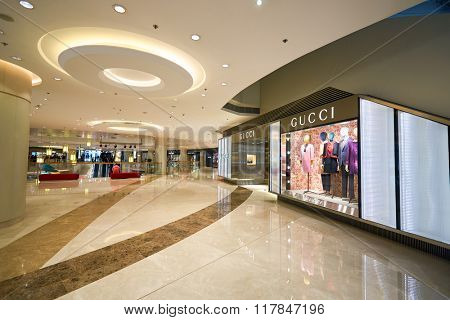 HONG KONG - JANUARY 27, 2016: shopwindow of Gucci store at Elements Shopping Mall. Gucci is a luxury Italian fashion and leather goods brand, part of the Gucci Group