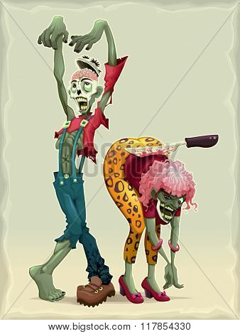 Funny couple of zombies. Cartoon vector illustration