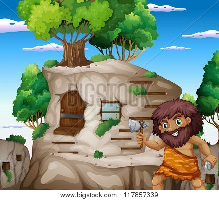 Caveman with axe living in the stonehouse illustration