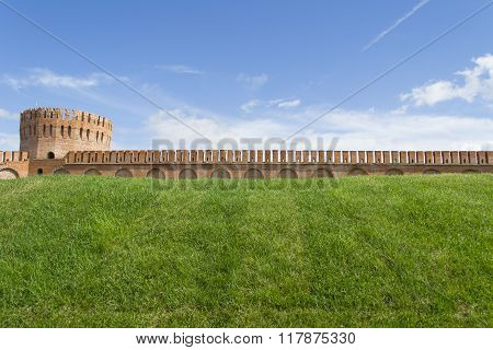 Smolensk Russia - September 02 2013 - Smolensk fortress wall with the Gorodetskaya tower (Eagle)
