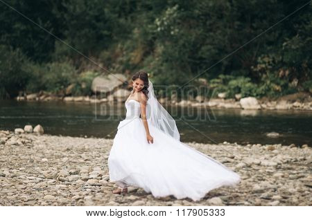 Beautiful luxury young bride in long white wedding dress and veil standing near river with mountains