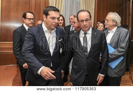 Prime Minister Alexis Tsipras And The President Of France Francois Hollande During Their Meeting At
