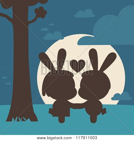 Bunny Couple Kissing Under Tree