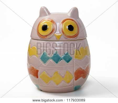 porcelain jar owl shaped isolated on white background