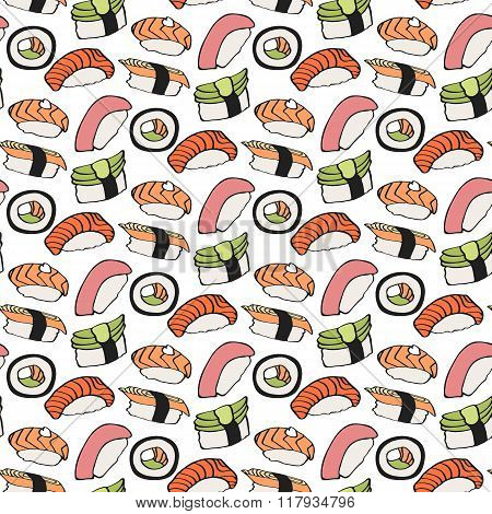 Nigiri sushi sketch. Seamless pattern with hand-drawn cartoon japanese food icon - sushi with fish a