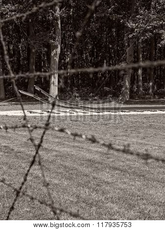 Barb Wire Fence And Railway Track At Former Nazi Transit Camp Westerbork