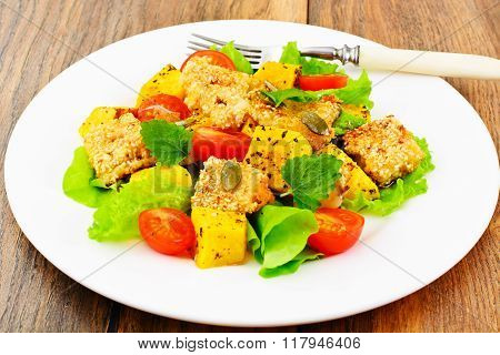Pumpkin Salad, Suluguni Fried in Sesame, Pumpkin Seeds, Cherry T