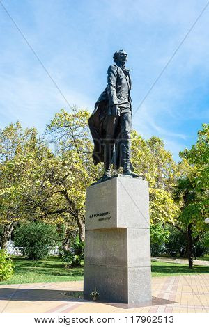 Monument to Nikolay Ostrovsky, the Soviet writer on a Sunny autumn day, October 6, 2015.