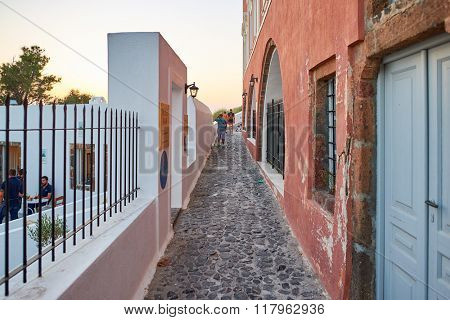 SANTORINI, GREECE - AUGUST 07, 2015: streets of Santorini island. Santorini, classically Thera, and officially Thira, is an island in the southern Aegean Sea
