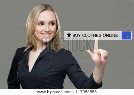 girl clicks on virtual screens - buy online clothes