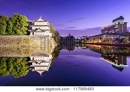 Nagoya, Japan castle moat at twilight.