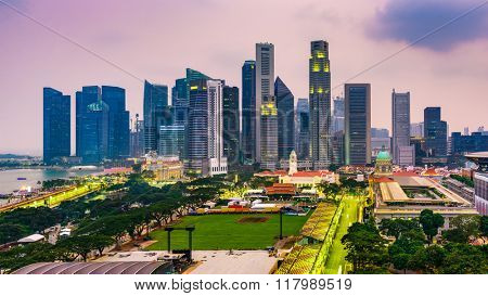 Singapore Financial District skyline at dusk.