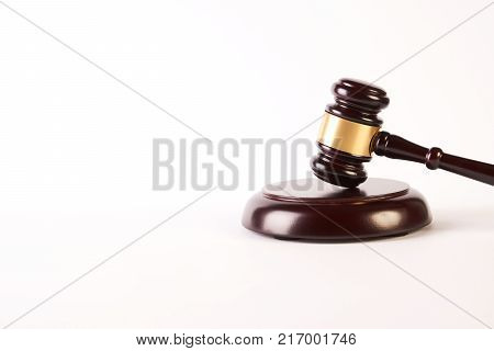 Judge gavel or law hammer and soundboard isolated on white background with copy space, close-up. Judgement or auction and conceptual of justice and judgements