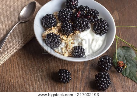 Fresh Blackberries Ant Oatmeal Snack On Rustic Table Background