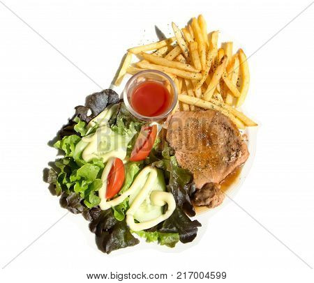Pork Steak  In Tomato Sauce With Salad And  French Frie