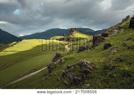 Georgian Defensive Towers In The Mountain Village Omalo At Sunrise. Traditional Architecture In Geor