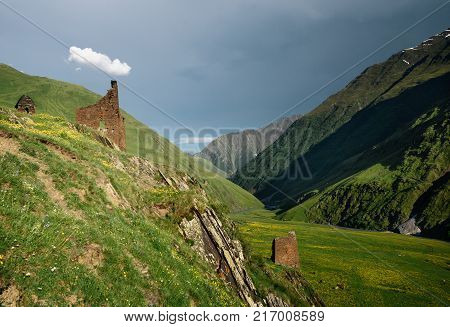 Georgian Defensive Towers In The Mountain Village Omalo At Sunrise. Traditional Architecture In Geor