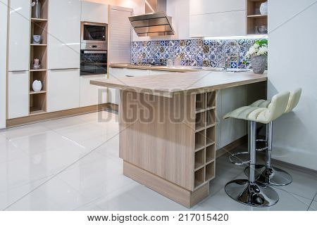 view of cozy modern kitchen interior with furniture