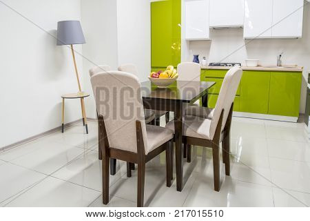 view of cozy modern kitchen interior with furniture
