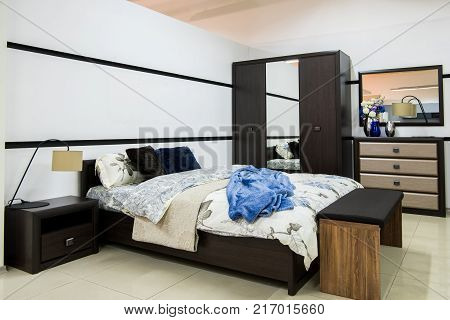 view of Cozy modern bedroom interior with furniture