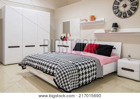 view of Cozy modern bedroom interior with furniture