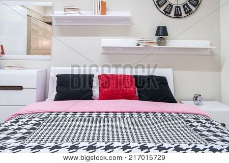 view of Cozy modern bedroom interior with furniture