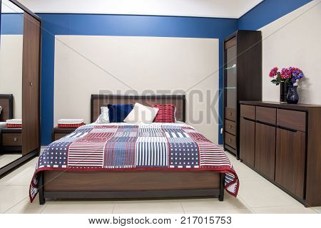 view of Cozy modern bedroom interior with furniture