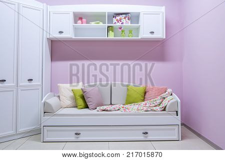 view of Cozy modern bedroom interior with furniture