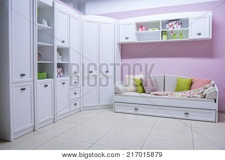 view of Cozy modern bedroom interior with furniture