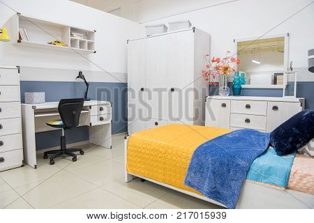 view of Cozy modern bedroom interior with furniture