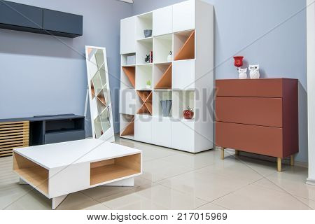 view of Cozy modern bedroom interior with furniture