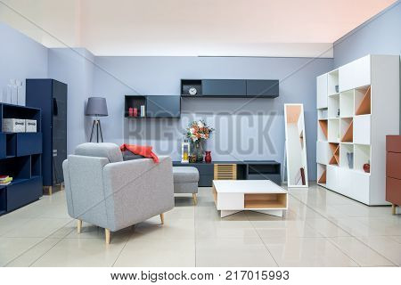 view of Cozy modern bedroom interior with furniture