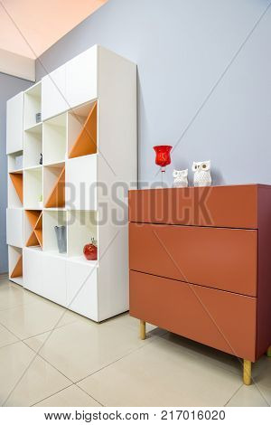 view of Cozy modern bedroom interior with furniture
