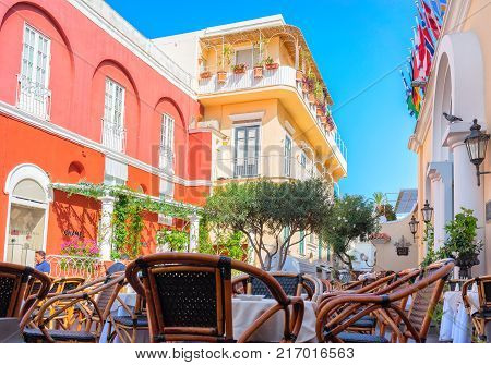 Capri Italy - October 3 2017: Street cafe at Capri Island Italy