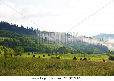 Haystack morning Ukrainian village in the Carpathians