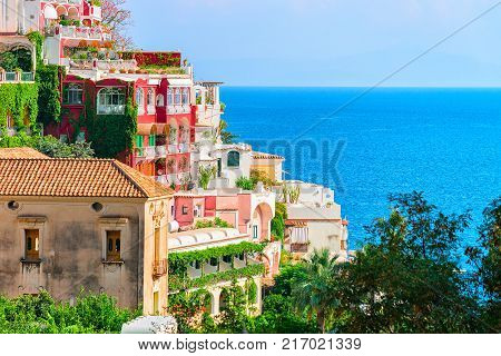 Villas in Positano town at Tyrrhenian sea Amalfi coast Italy